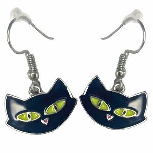 Gothic Black Hep Cat Green Eyes Drop Earrings Halloween Accessory Cat Lovers